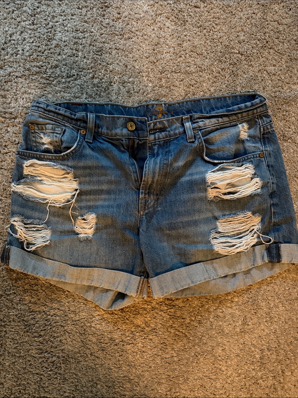 7 For All Mankind Blue Distressed Roll-Cuff Denim Shorts